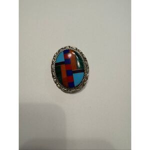 Sterling Silver 925 Edith James Colorful Stone Inlay Broach Pen Pendant Vintage